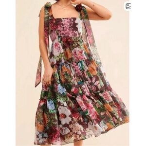 Anthropologie Floral Midi Dress - Multicolor— missing shoulder bows